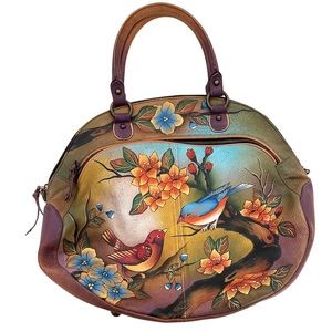 Anuschuka Hand Painted Large Dome Satchel Handbag Love Birds & Florals